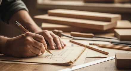 Hands drawing woodworking plans with pencil on paper