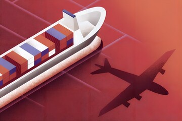 Obraz na płótnie Canvas Aerial View of Cargo Ship with Airplane Shadow