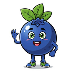 Cartoon blueberry character waving with a happy expression.