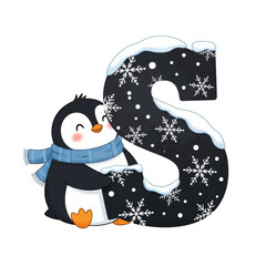 Cute penguin hugging a letter S decorated with snowflakes and snow.