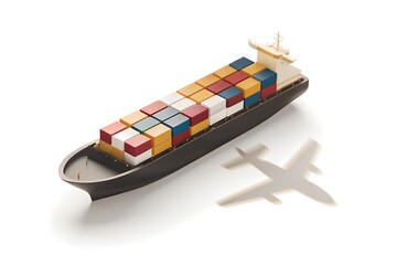 Obraz na płótnie Canvas Aerial View of Cargo Ship with Airplane Shadow
