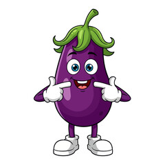 A cartoon eggplant character with a smiling face and arms pointing to its cheeks, wearing white shoes.