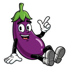 A cartoon eggplant character with arms and legs sitting down and pointing upwards with a smile.
