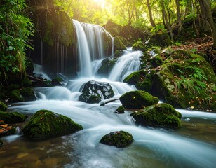 Waterfall cascading through mossy rocks in forest