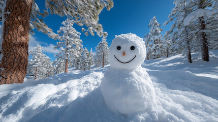 Obraz premium A smiling snowman standing in a snowy forest under a clear blue sky creating a cheerful and serene winter landscape perfect for holiday and seasonal celebration themes