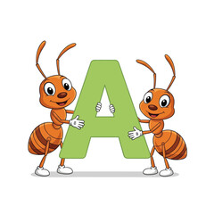 Two happy cartoon ants holding a large green letter A, representing the alphabet or a learning concept.