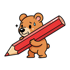 A cute cartoon brown bear struggling to carry a giant red pencil, looking stressed with a sweat drop on its forehead, on a white background.