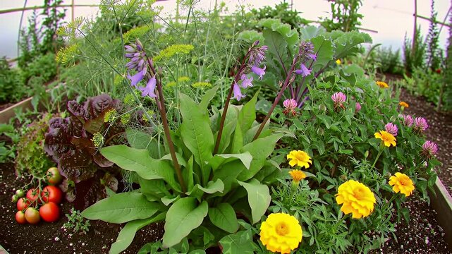 Vibrant Greenhouse Garden with Purple Flowers and Yellow Marigolds