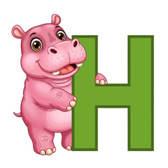 Cartoon pink hippo standing next to a green letter H.