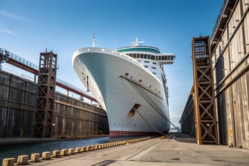 Obraz na płótnie Canvas Large Cruise Ship Docked at Port Through Wooden Gates 