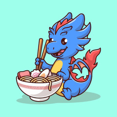 A cute blue dragon happily eating a bowl of delicious ramen noodles with chopsticks.
