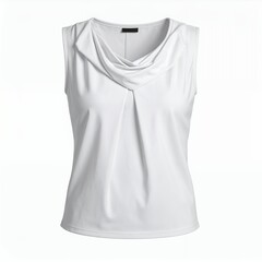 Elegant sleeveless white blouse with draped neckline on a clear backdrop