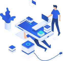 3d man with laptop computer A 3D isometric scene with a person working at a desk with devices, on a light background with blue elements