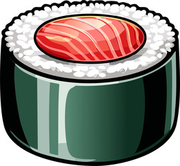 Classic cartoon style sticker of a single, perfectly round sushi maki roll, showing fresh pink salmon, creamy green avocado, and white rice, wrapped in dark nori, all surrounded by bold black outlines