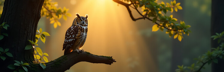 majestic owl perched atop gnarled tree branch illuminated warm golden sunlight filtering dense foliage lush misty