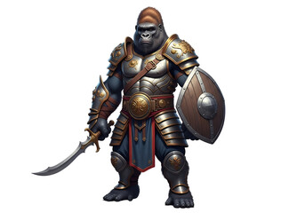 A formidable gorilla warrior, clad in detailed plate armor, stands ready with sword and shield.