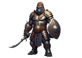 A formidable gorilla warrior, clad in detailed plate armor, stands ready with sword and shield.