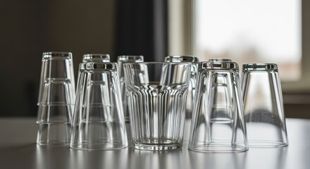 Elegant Arrangement of Clear Drinking Glasses on a Reflective Surface