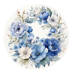Watercolor Floral Circle with Blue and White Flowers and Leaves image photo