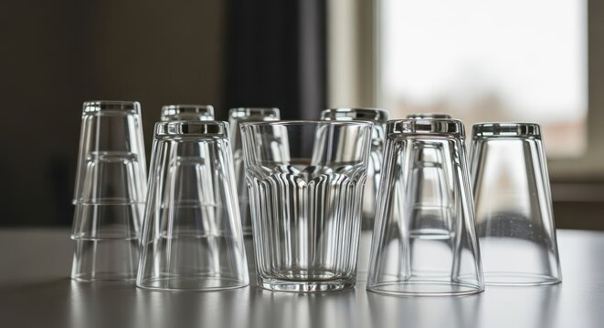 Elegant Arrangement of Clear Drinking Glasses on a Reflective Surface - Powered by Adobe