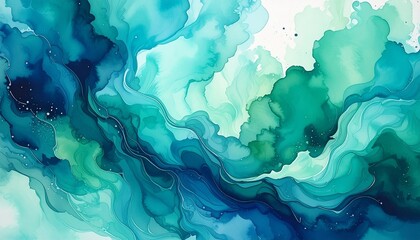 Abstract watercolor paint background by teal color blue and green with liquid fluid texture for background