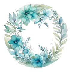 Watercolor floral circle with teal flowers and green foliage green leaves botanical