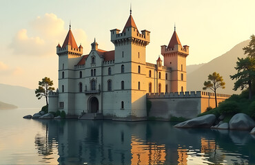 Fototapeta premium majestic castle stands proudly water edge weathered stone façade glowing warmly soft golden sunlight