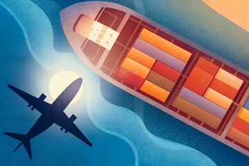 Obraz na płótnie Canvas Aerial View of Cargo Ship with Airplane Shadow