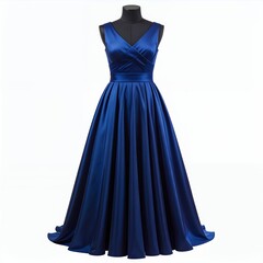 Fototapeta premium Elegant royal blue gown showcased on a mannequin against a clean white background