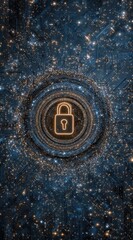 A glowing padlock icon at the center of concentric circles, surrounded by a dark, textured, star-like background suggesting digital security