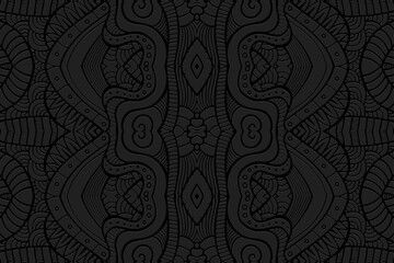 Ethnic black background, banner, tribal cover design, mural. Geometric embossed abstract boho pattern. Handmade in doodling, zentangle style. Motifs of the East, Asia, India, Mexico, Aztec, Peru.
