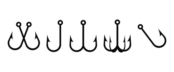 “Fishing Hook Icons Set – Bold, Silhouette and Outline Vector Collection for Angling, Logo and Outdoor Design”