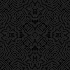Ethnic black background, banner, tribal cover design, fresco. Geometric embossed original pattern, ornament, mandala, logo. Motifs of the East, Asia, India, Mexico, Aztec, Peru.