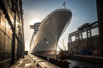 Obraz na płótnie Canvas Large Cruise Ship Docked at Port Through Wooden Gates 