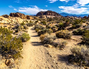 Desert trail winds through a landscape of low-lying shrubs and rocks under a vibrant blue sky