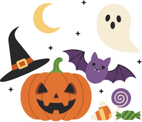 Whimsical Flat Illustration Halloween Element with Cute Character and Holiday Object