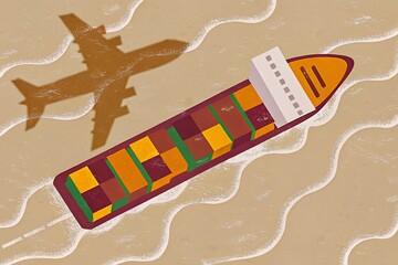 Obraz na płótnie Canvas Aerial View of Cargo Ship with Airplane Shadow
