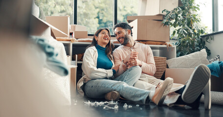 Conversation, laughing and planning with couple in new home for property or real estate investment. Funny, moving house and vision with happy people in apartment for loan, mortgage or relocation © FlexiTon25/peopleimages.com