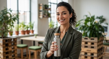 business woman holding a reusable ecofriendly water bottle in office, a healthy and water taking routine concept