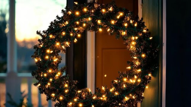 Twinkling fairy lights enhance a festive Christmas wreath on a cozy home entrance at night