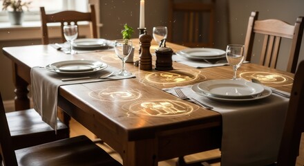 Elegant Dining Table with Glowing Holographic Icons, Candlelight and Warm Ambiance