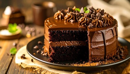 Chocolate cake slice on dark plate