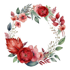 Watercolor Floral Wreath with Red and Pink Flowers and Green Leaves image photo
