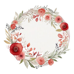 Watercolor floral wreath with red and pink roses and green leaves on white background Keywords