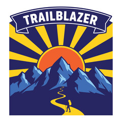 Fototapeta premium Mountaineer hiking towards sunset over mountains path