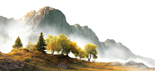 Rocky mountains and autumn trees in haze, isolated on transparent cutout background