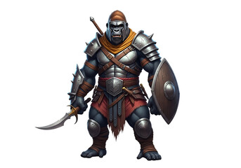 Fototapeta premium A gorilla warrior, clad in steel armor, stands poised with sword and shield, a figure of strength and determination against a black backdrop.