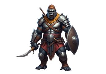 A gorilla warrior, clad in steel armor, stands poised with sword and shield, a figure of strength and determination against a black backdrop.