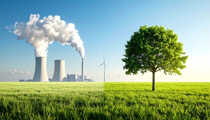 Clean Energy vs Pollution Tree  Power Plant Representing Environment Contrast.