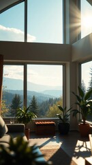 Bright day scenic outlook nature views through large windows 